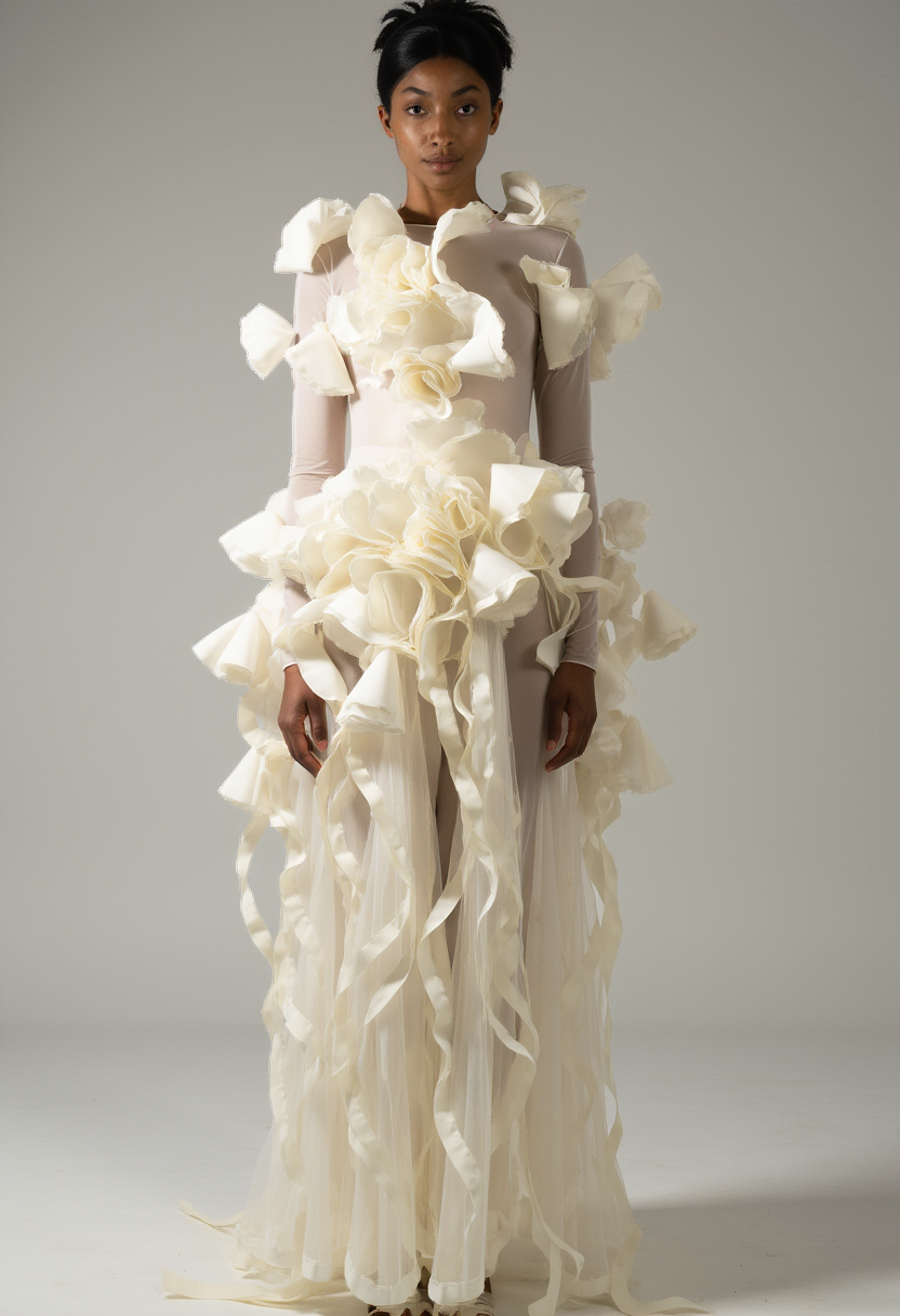 PR_STYLE LoRA output: ivory cascading ruffle dress on nude mesh bodysuit, asymmetric ruffle placement